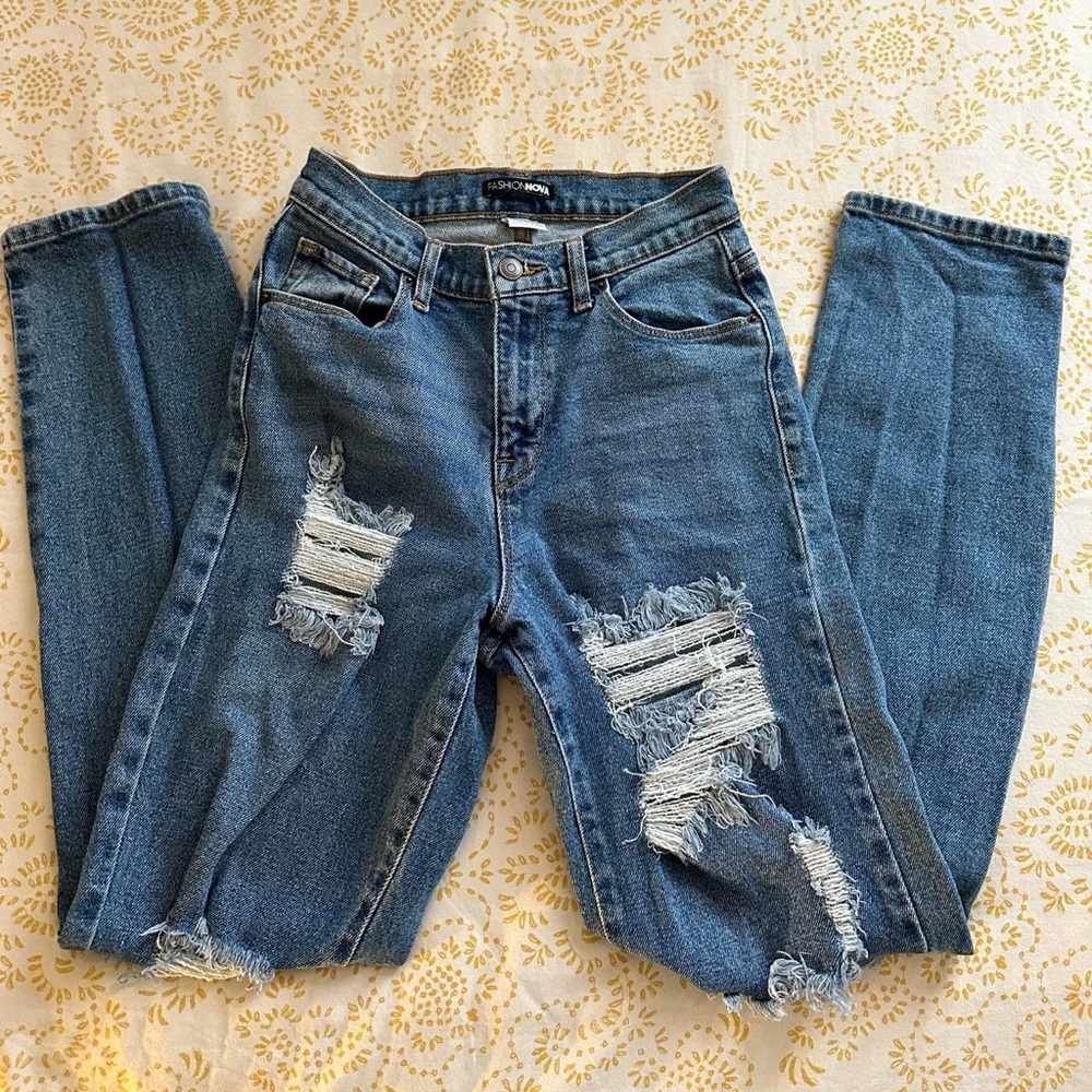 Fashion Nova Ripped Blue Boyfriend Jeans